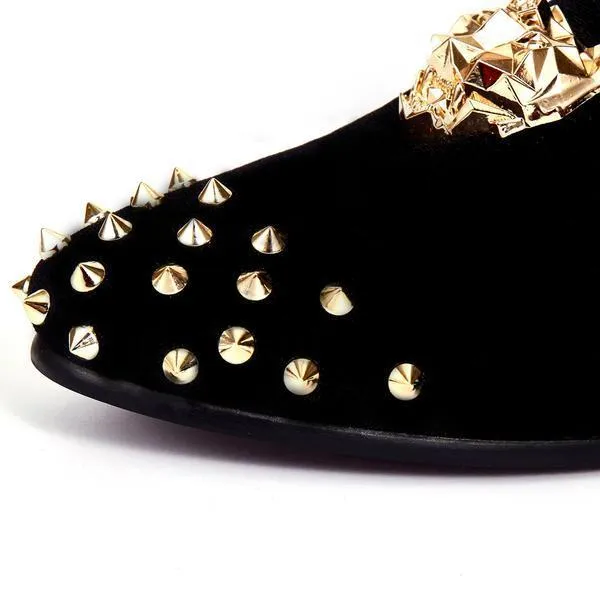 Rivets Black Men Velvet Loafers Shoes with Animal Buckle
