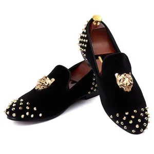 Rivets Black Men Velvet Loafers Shoes with Animal Buckle