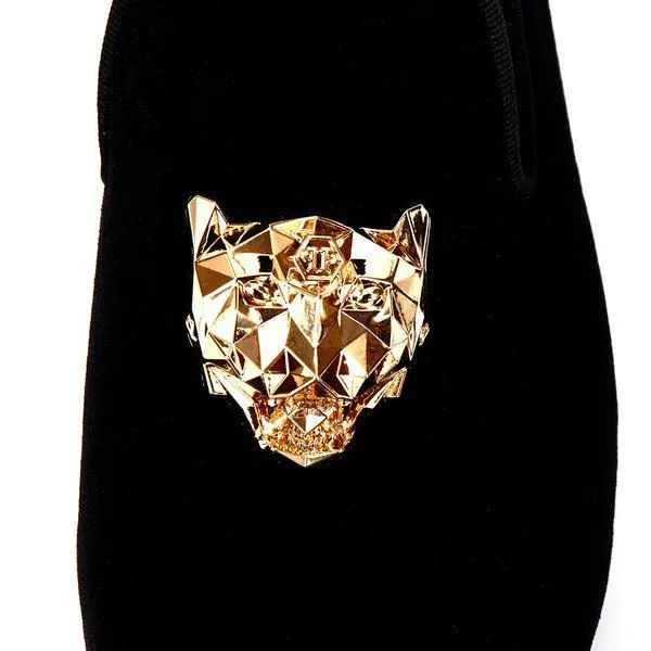 Rivets Black Men Velvet Loafers Shoes with Animal Buckle