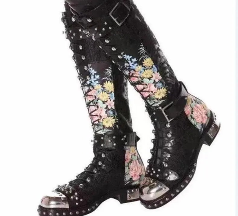 Rivets Studded Buckle Knee High Boots Women Embroidered Leather Print Flower Flat Motorcycle Boots Winter Shoes Woman