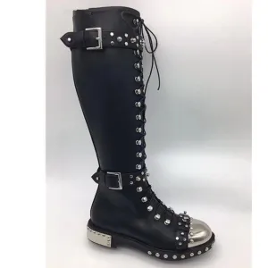 Rivets Studded Buckle Knee High Boots Women Embroidered Leather Print Flower Flat Motorcycle Boots Winter Shoes Woman