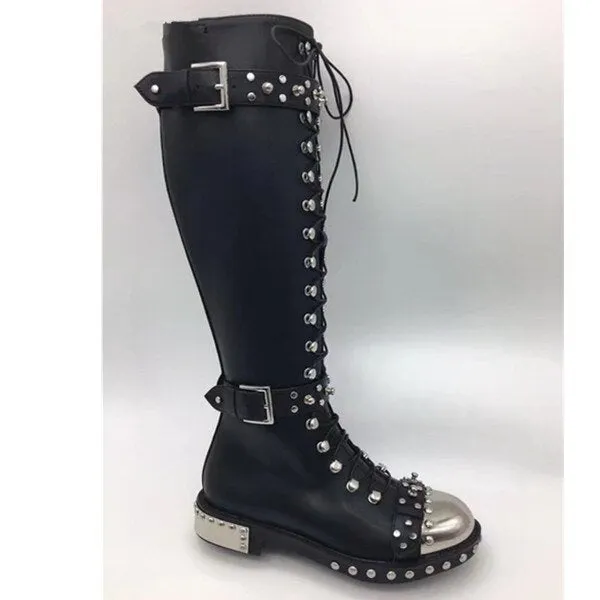 Rivets Studded Buckle Knee High Boots Women Embroidered Leather Print Flower Flat Motorcycle Boots Winter Shoes Woman