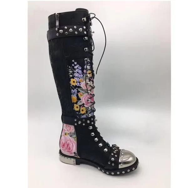 Rivets Studded Buckle Knee High Boots Women Embroidered Leather Print Flower Flat Motorcycle Boots Winter Shoes Woman