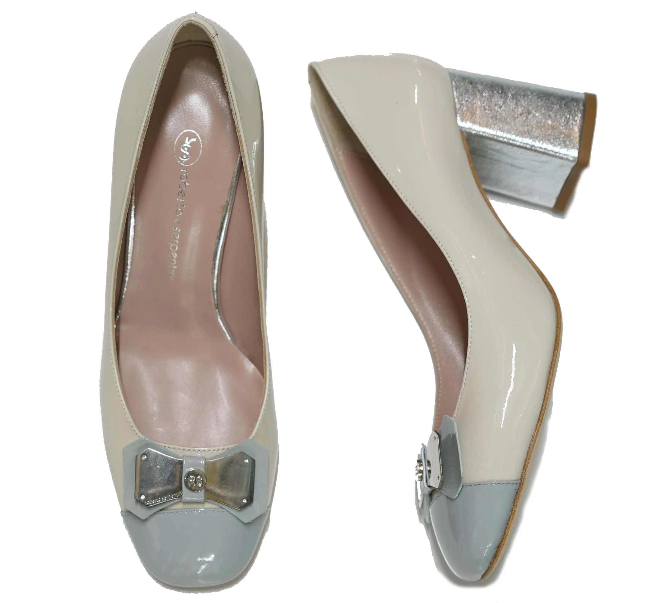 Roberto Serpentini Women's Beige & Blue Patent Leather Shoe 25468 - Now $190