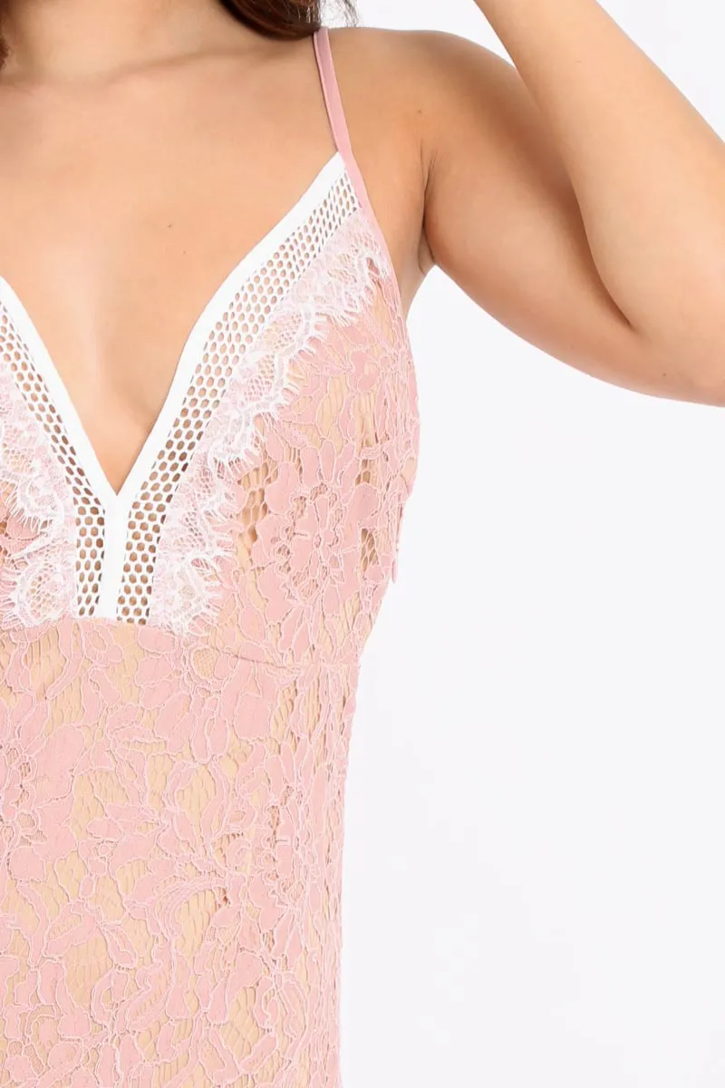 Rose Plunge Floral Lace Bodycon Mini Dress - Yaz