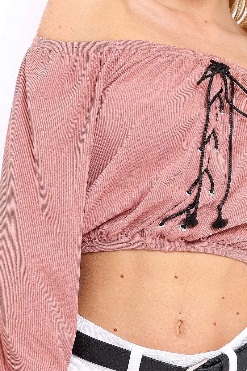 Rose Ribbed Lace Up Bardot Crop Top - Sara
