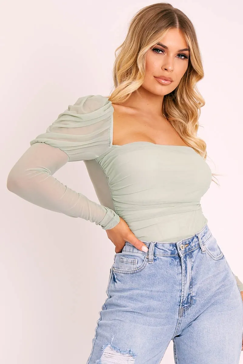 Sage Ruched Body Mesh Sleeve Bodysuit - Raeya