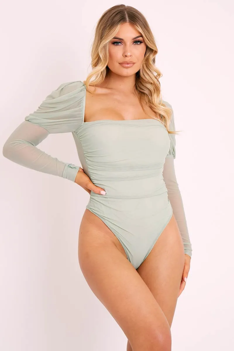 Sage Ruched Body Mesh Sleeve Bodysuit - Raeya