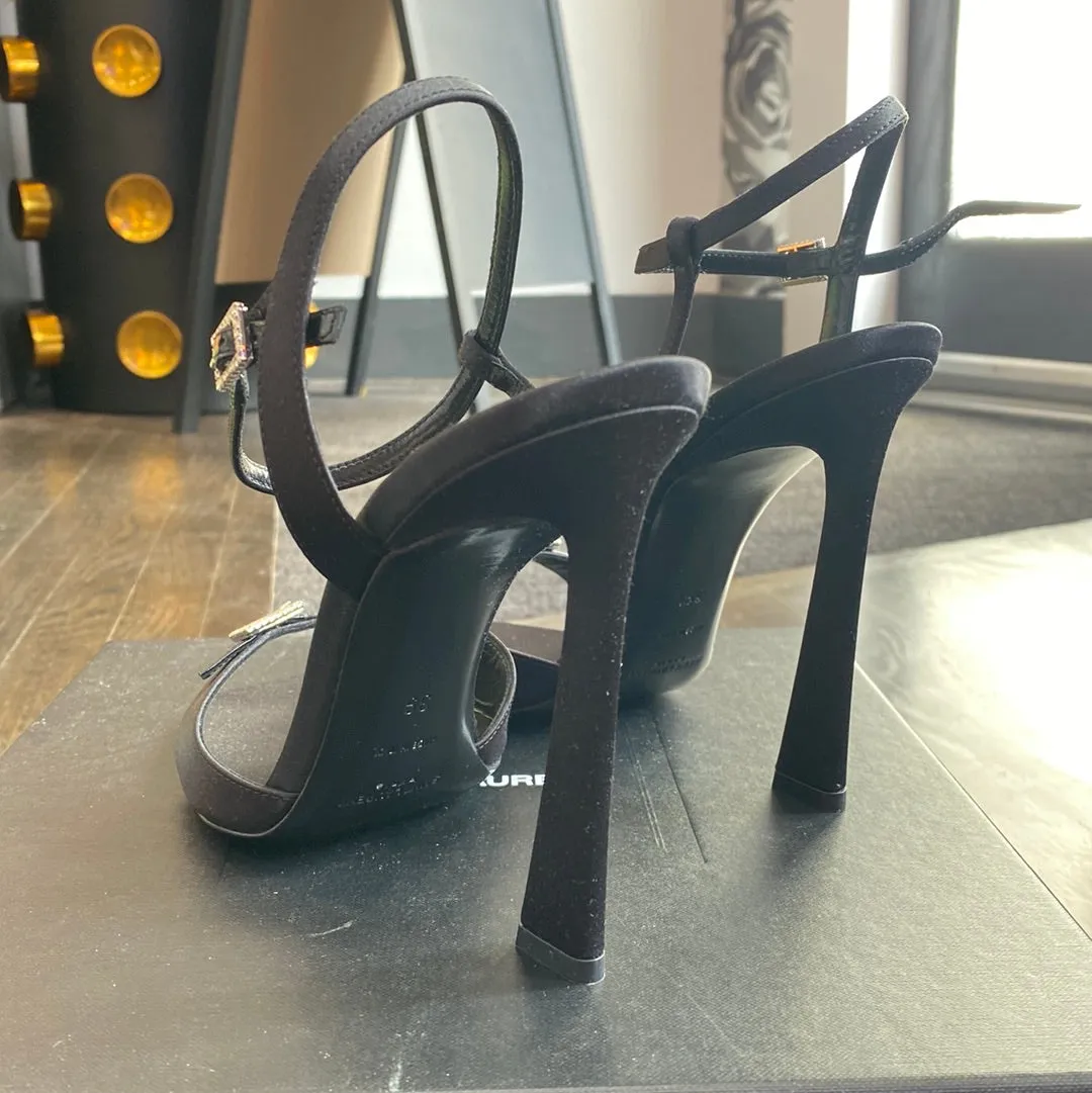 Saint Laurent Black Crepe Satin Sandal with Crystal Charm