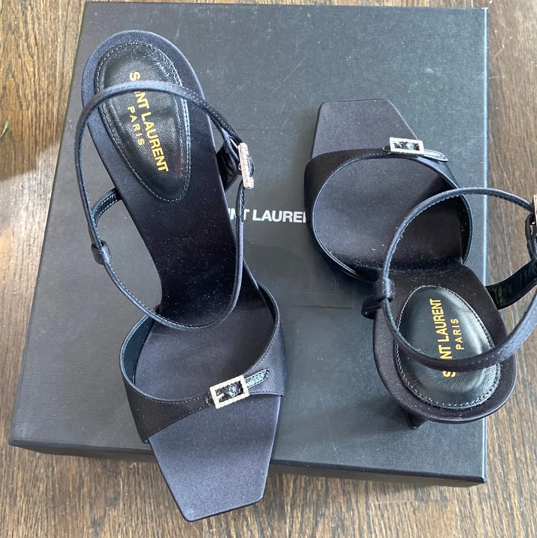 Saint Laurent Black Crepe Satin Sandal with Crystal Charm