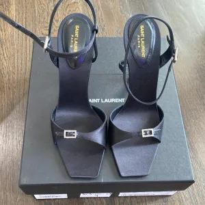 Saint Laurent Black Crepe Satin Sandal with Crystal Charm