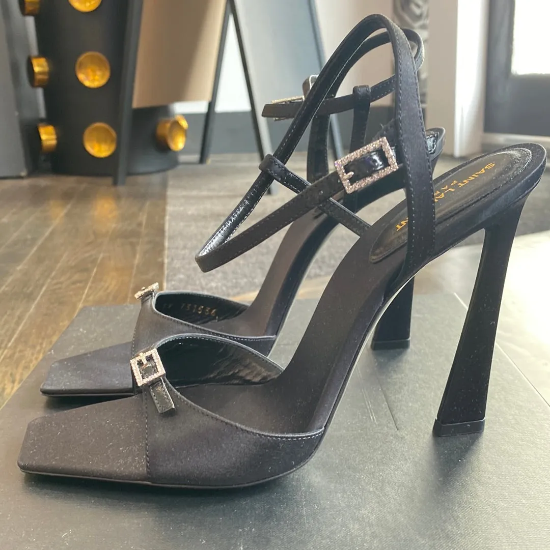 Saint Laurent Black Crepe Satin Sandal with Crystal Charm