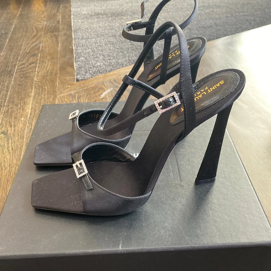 Saint Laurent Black Crepe Satin Sandal with Crystal Charm