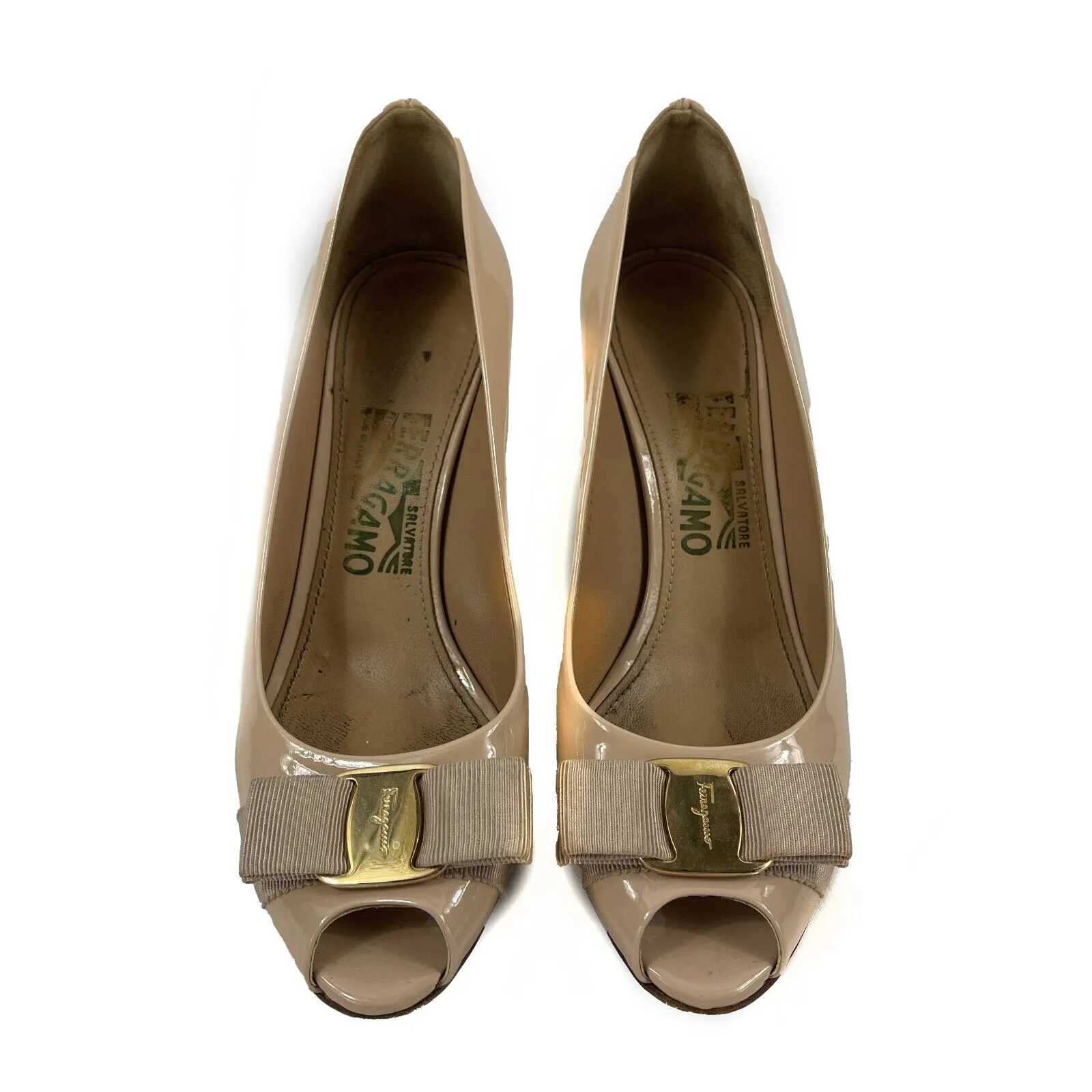 Salvatore Ferragamo - Pale Pink Patent Leather Vera Bow Peep Toe Pump - 7.5