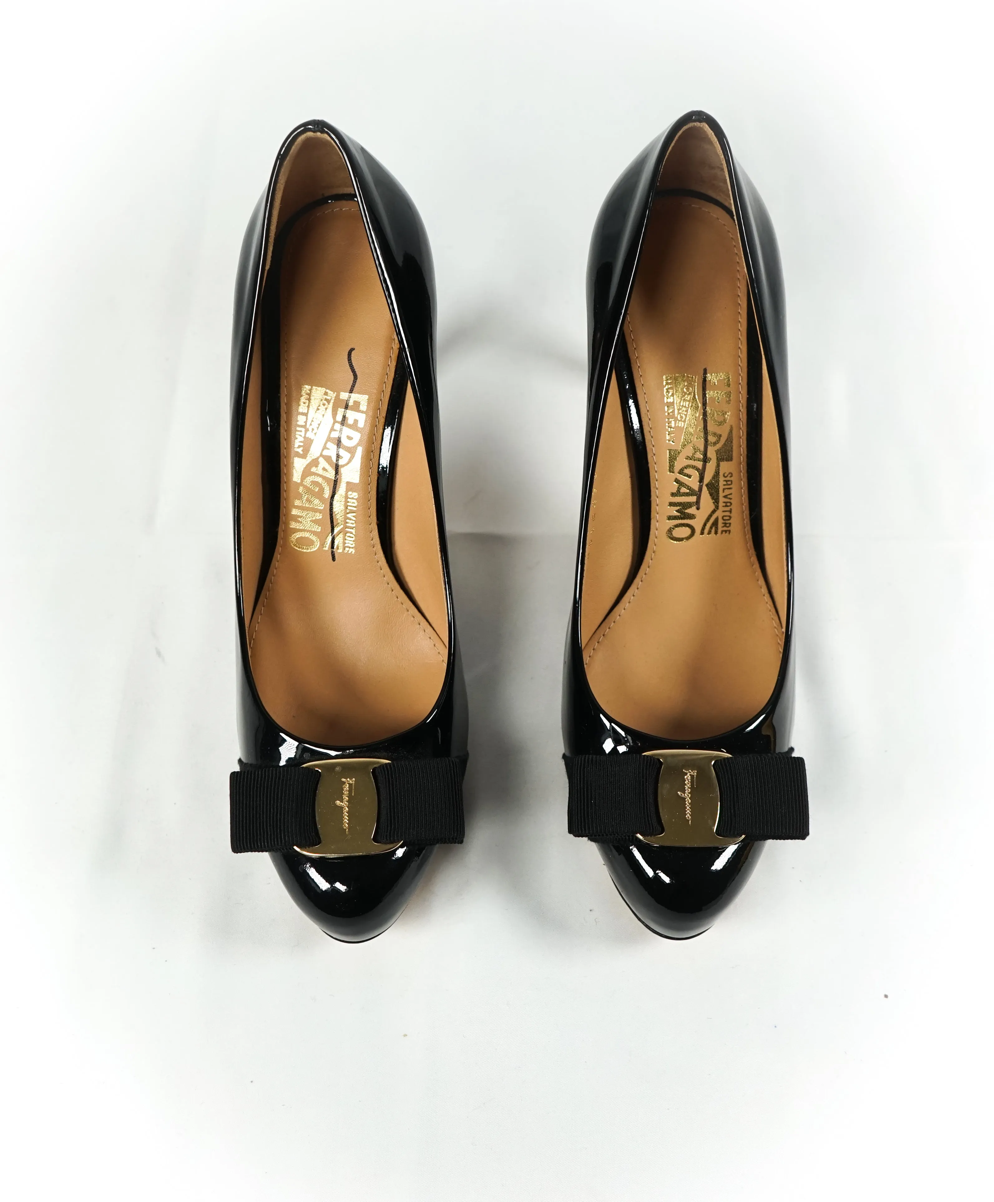 SALVATORE FERRAGAMO -"Vara" Patent Leather Bow Black Pump Heels - 5.5