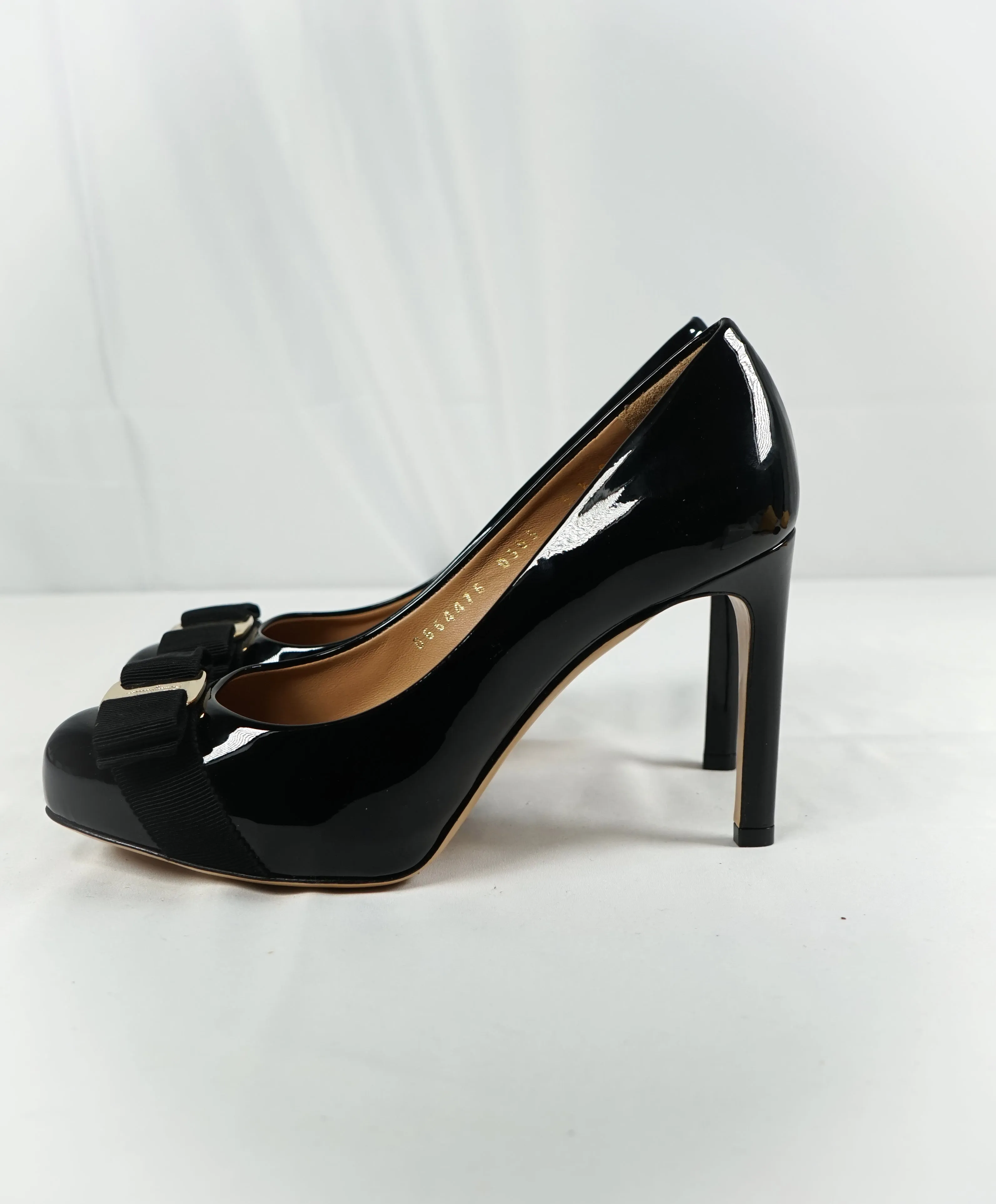 SALVATORE FERRAGAMO -"Vara" Patent Leather Bow Black Pump Heels - 5.5