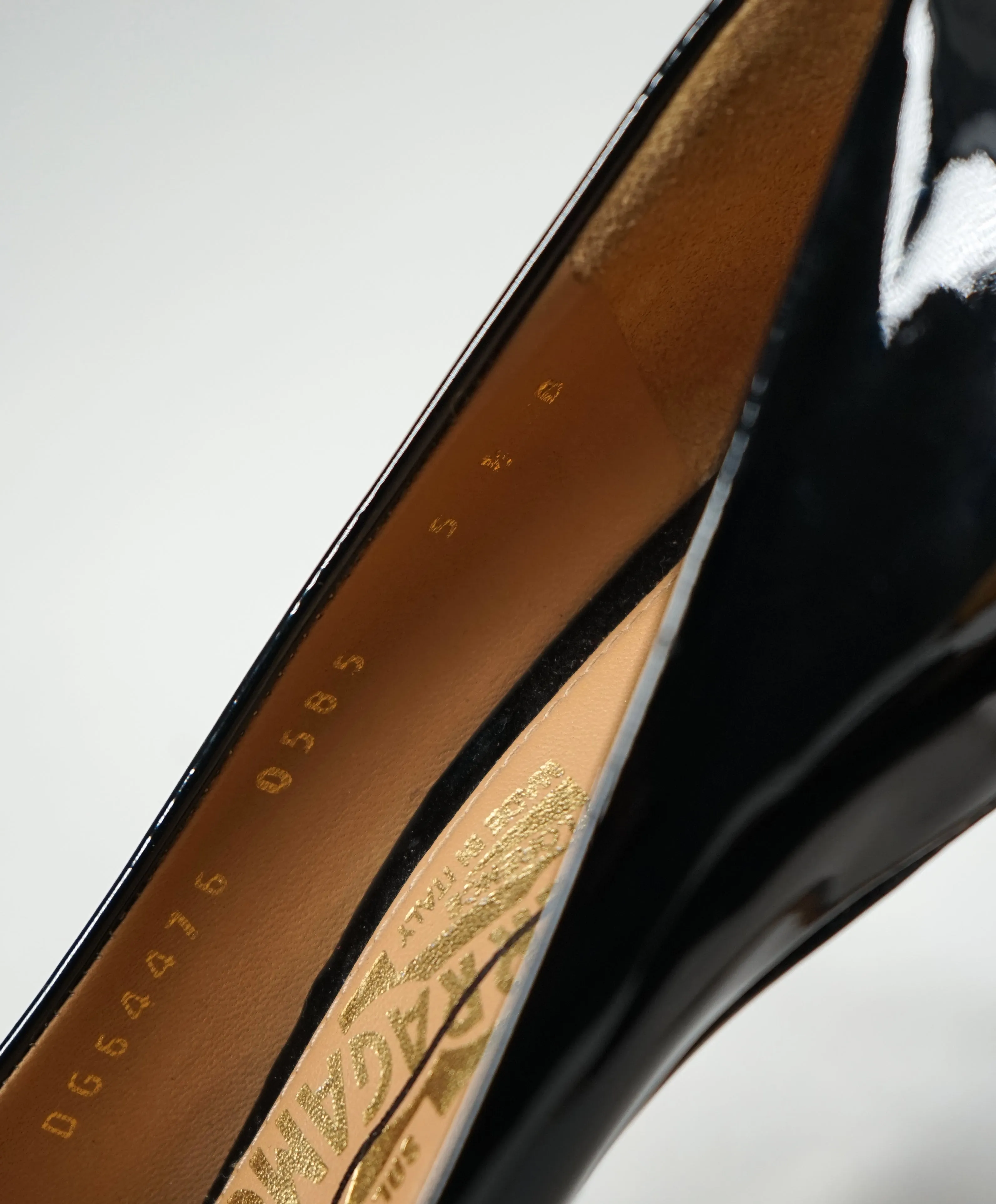 SALVATORE FERRAGAMO -"Vara" Patent Leather Bow Black Pump Heels - 5.5