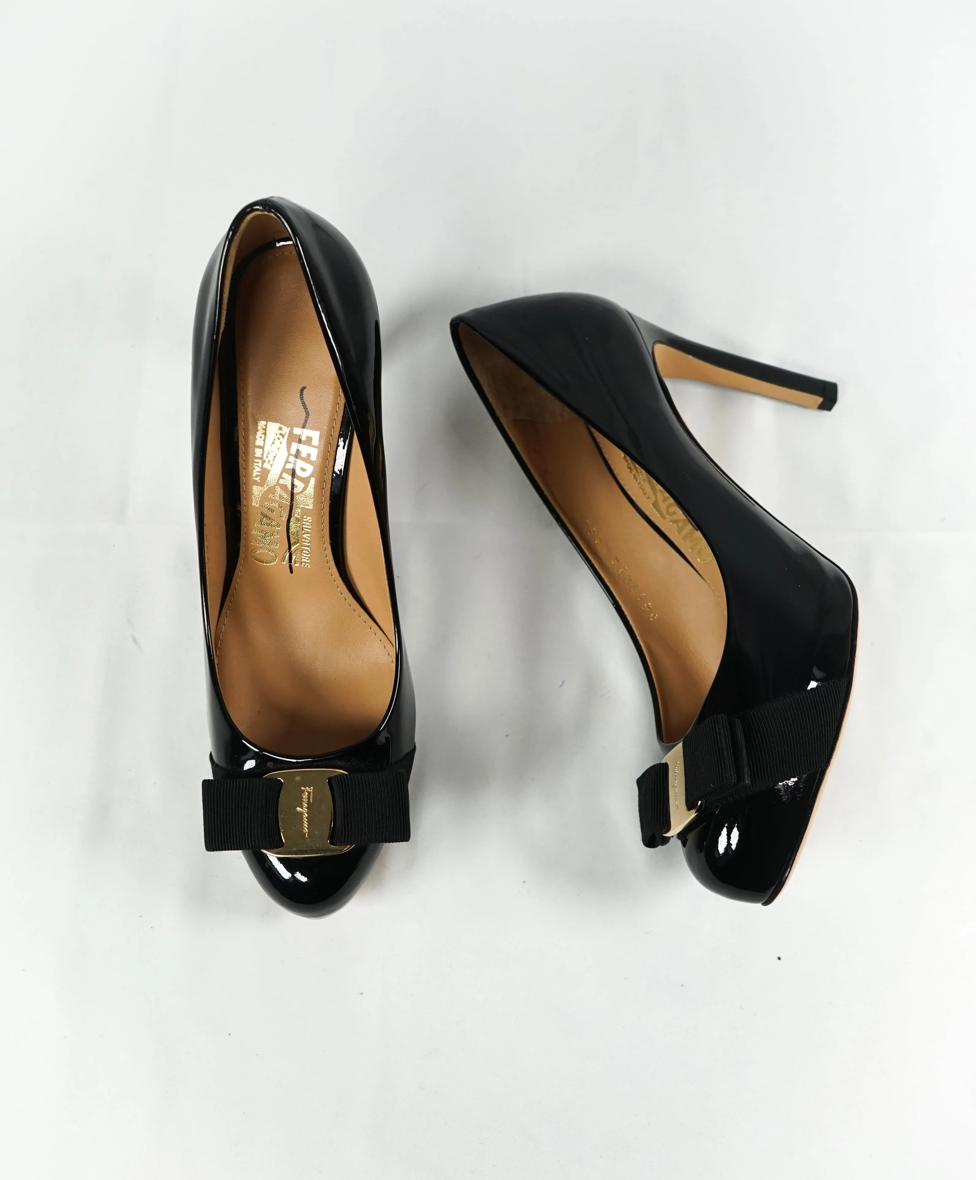 SALVATORE FERRAGAMO -"Vara" Patent Leather Bow Black Pump Heels - 5.5