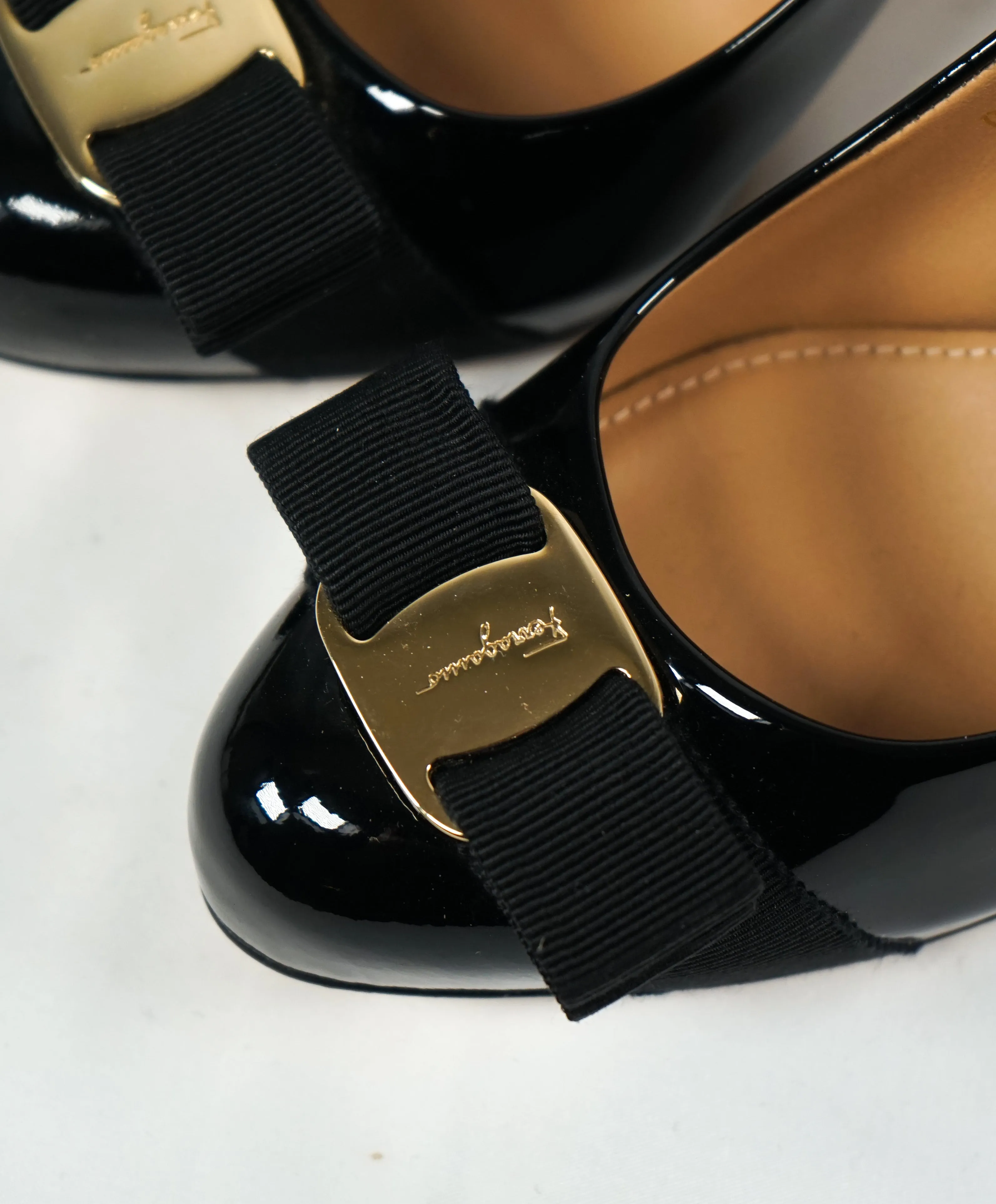 SALVATORE FERRAGAMO -"Vara" Patent Leather Bow Black Pump Heels - 5.5