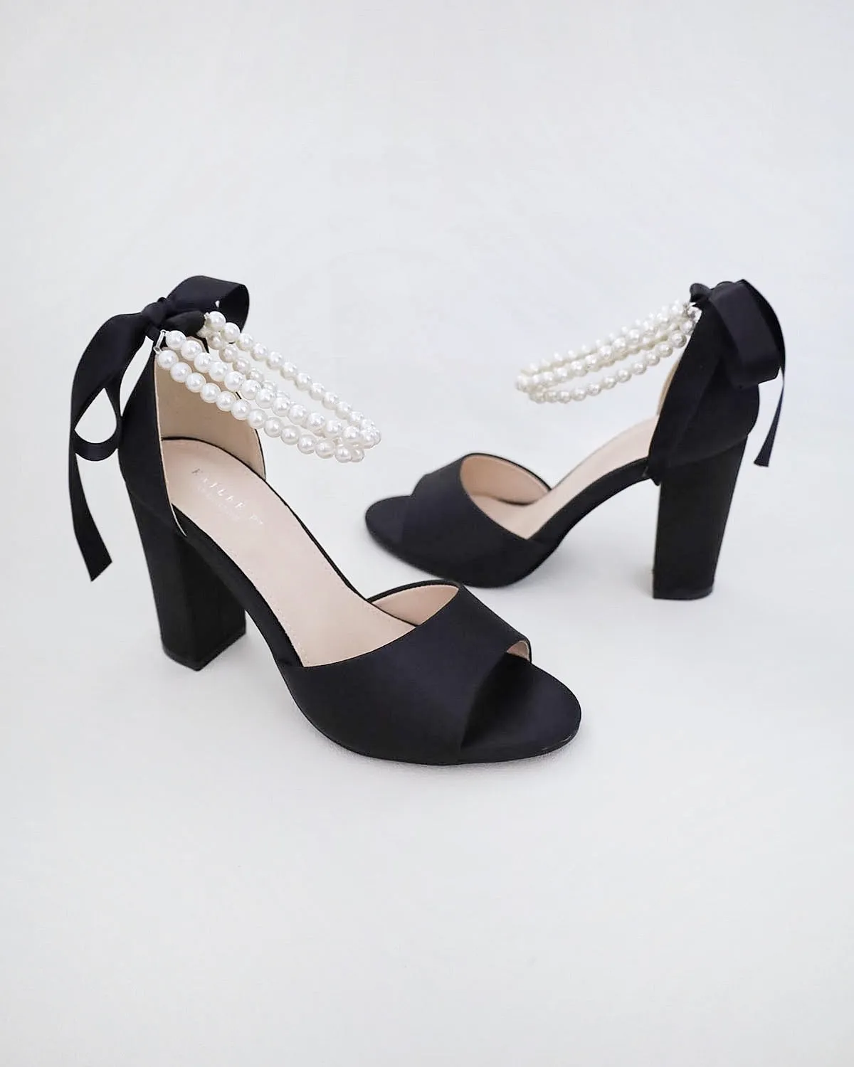 Satin Block Heel Evening Sandals with Double Pearl Strap