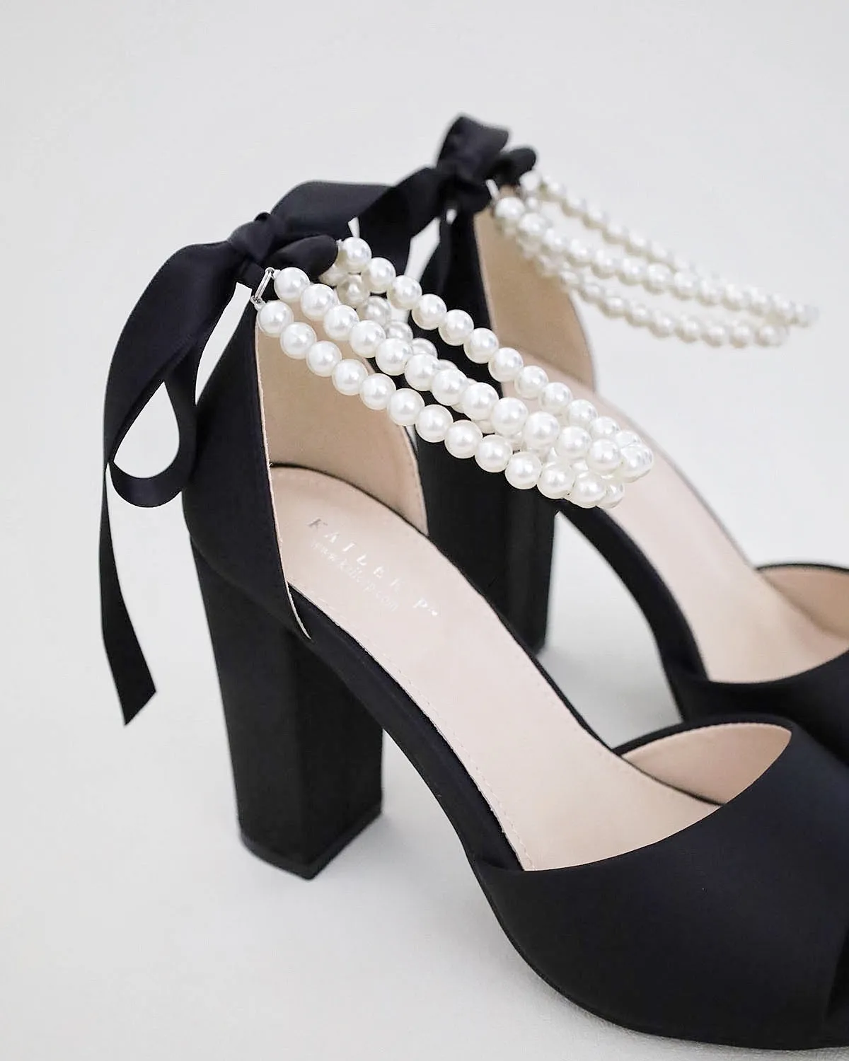 Satin Block Heel Evening Sandals with Double Pearl Strap