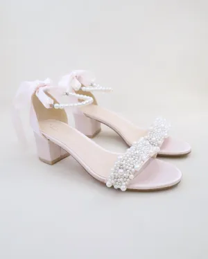Satin Block Heel Evening Sandals with Perla Applique