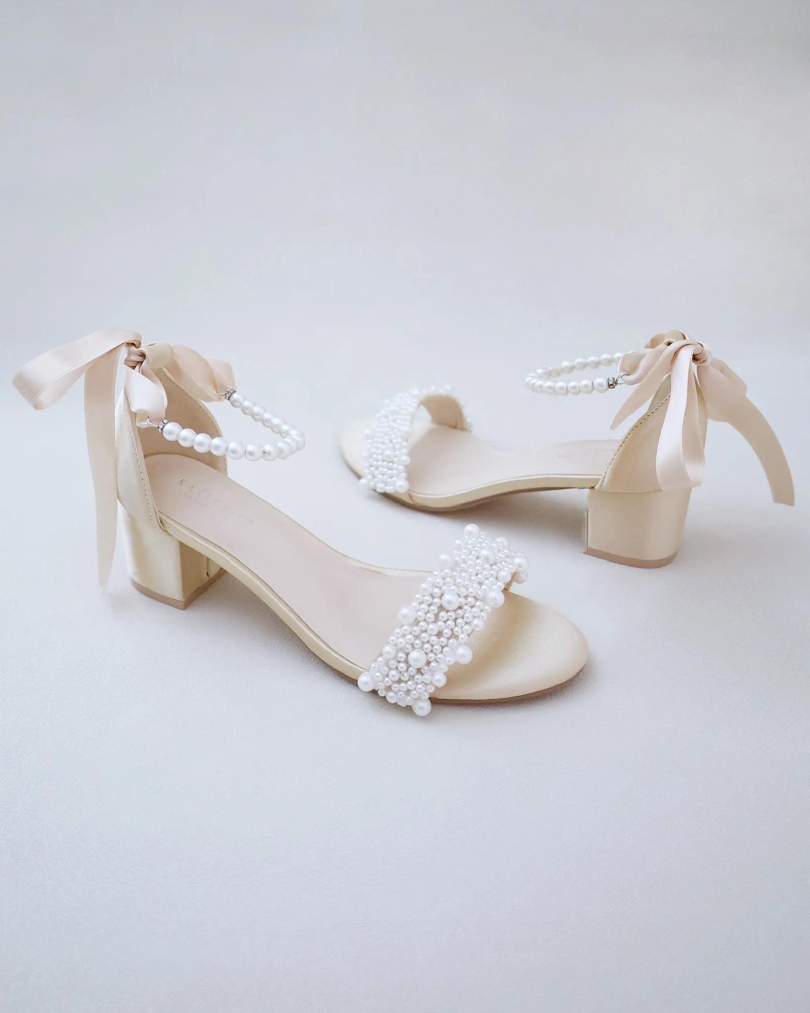 Satin Block Heel Evening Sandals with Perla Applique
