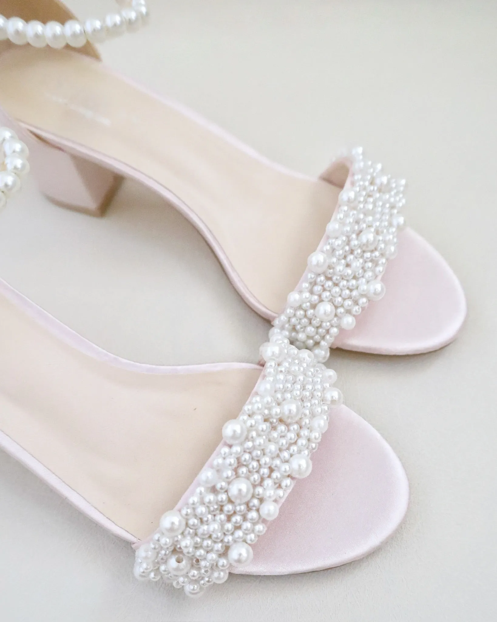 Satin Block Heel Evening Sandals with Perla Applique