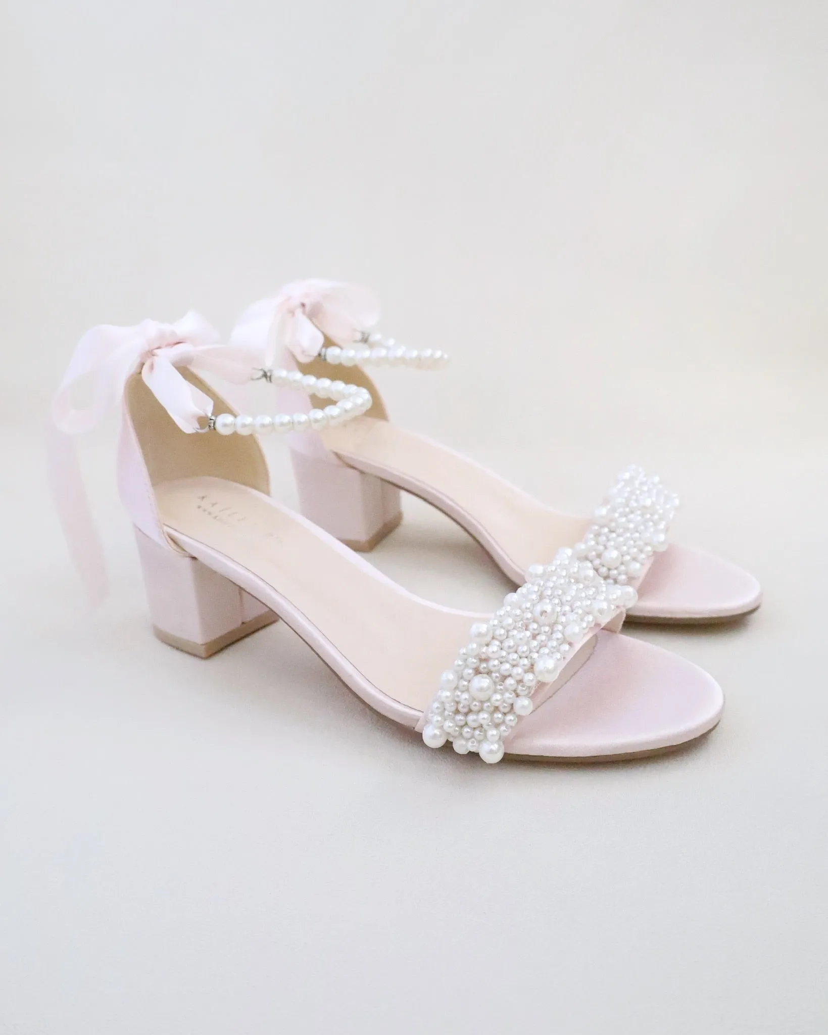Satin Block Heel Evening Sandals with Perla Applique