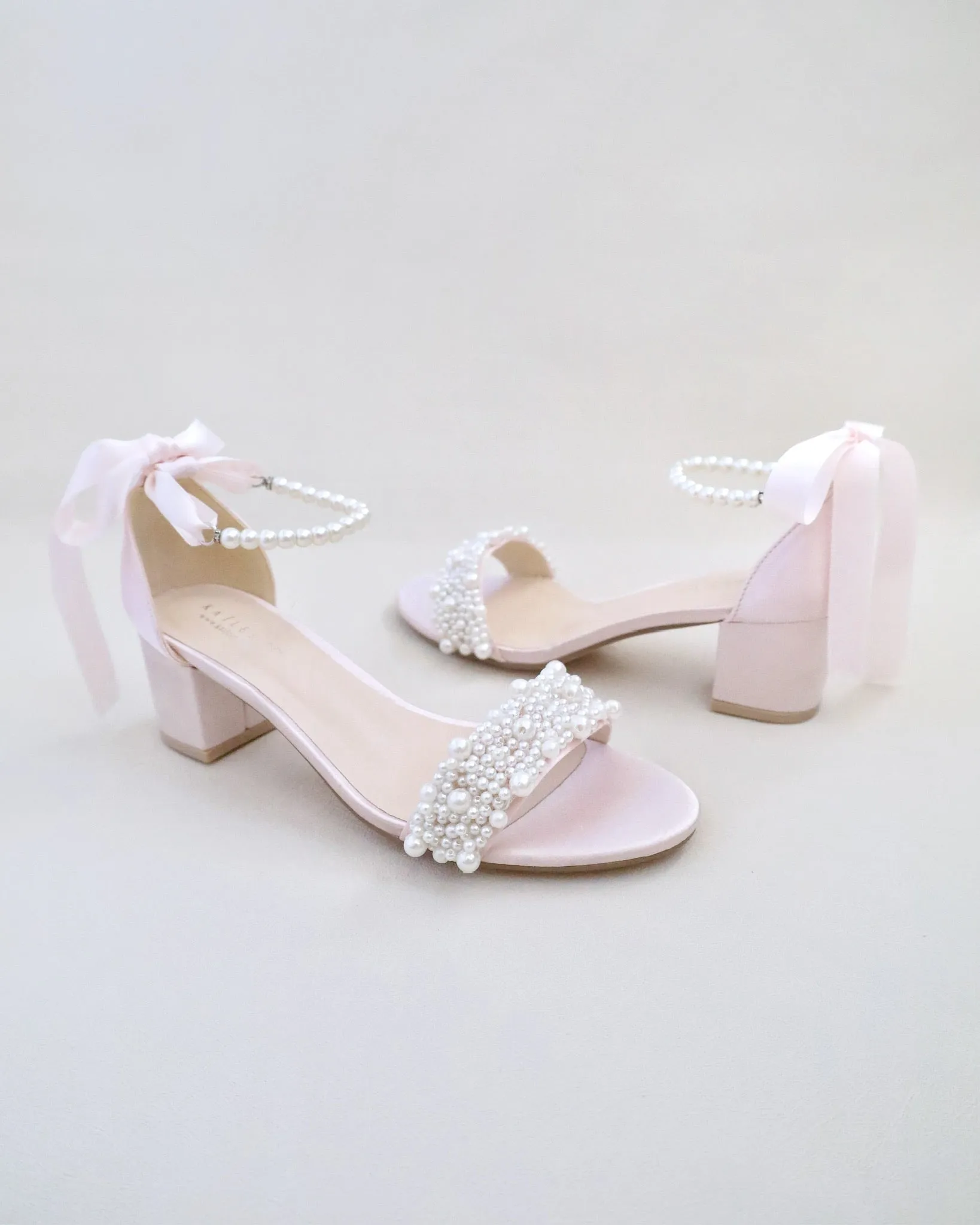 Satin Block Heel Evening Sandals with Perla Applique