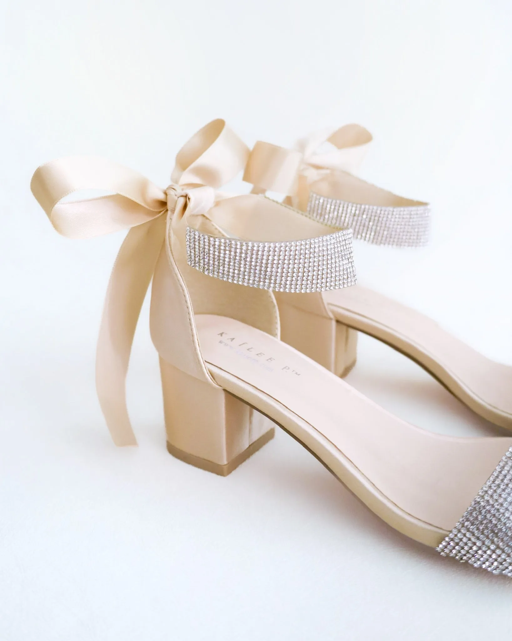Satin Block Heel Evening Sandals with Rhinestones Strap