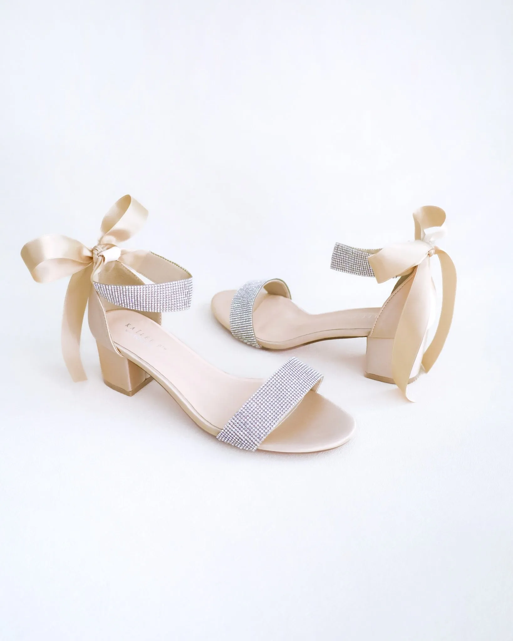 Satin Block Heel Evening Sandals with Rhinestones Strap