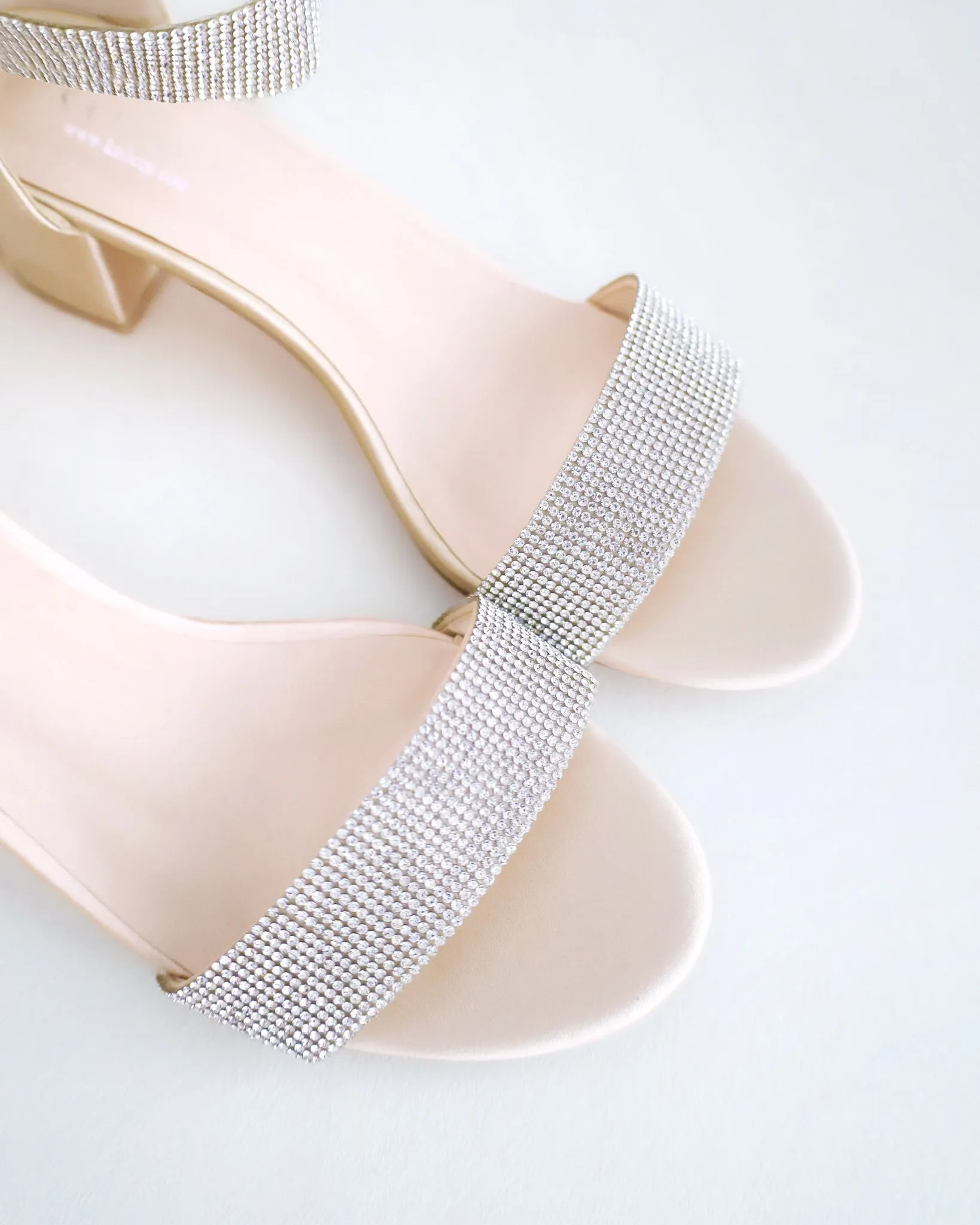 Satin Block Heel Evening Sandals with Rhinestones Strap
