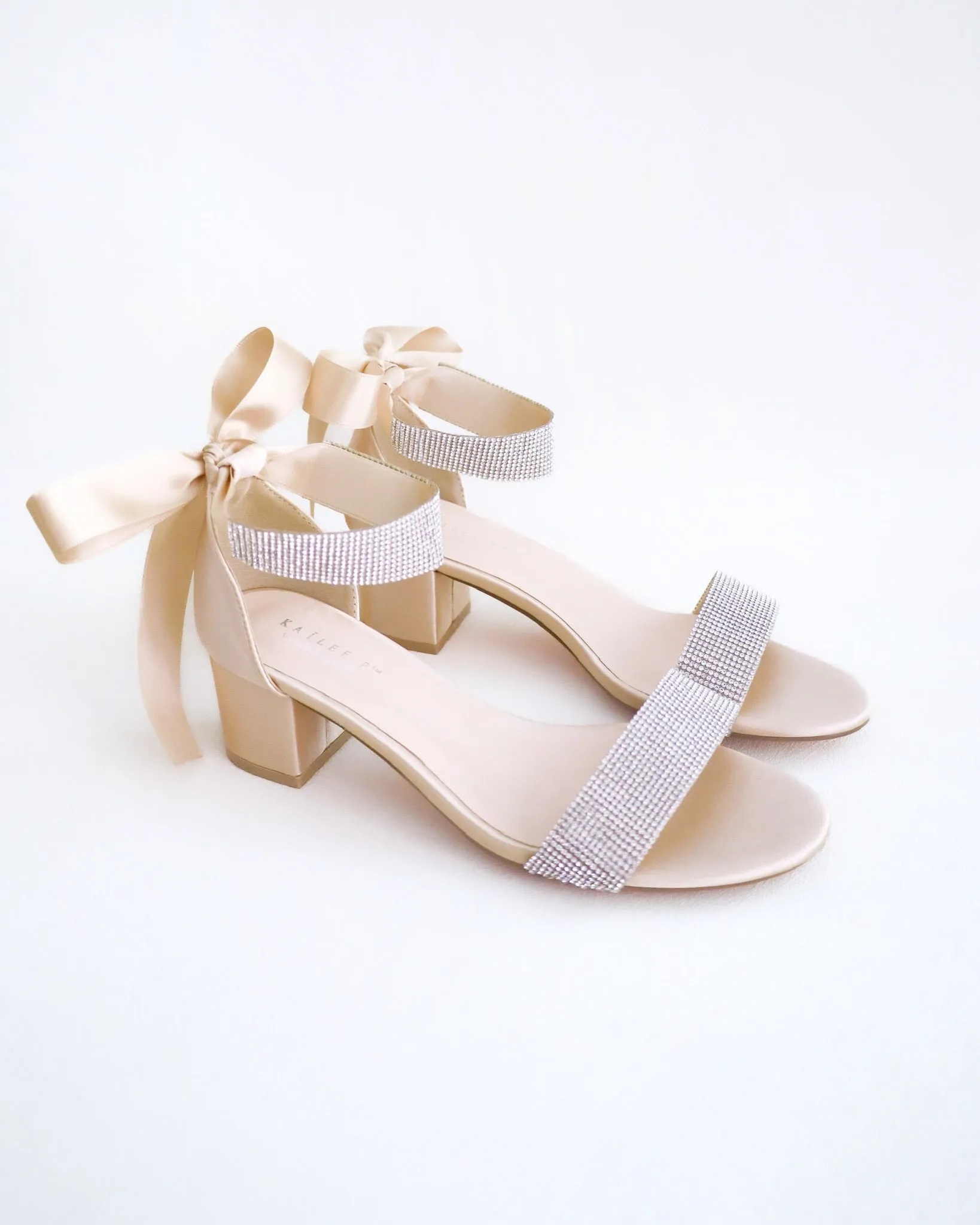 Satin Block Heel Evening Sandals with Rhinestones Strap