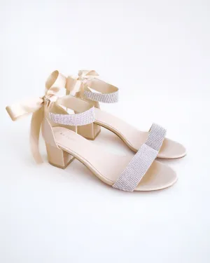 Satin Block Heel Evening Sandals with Rhinestones Strap