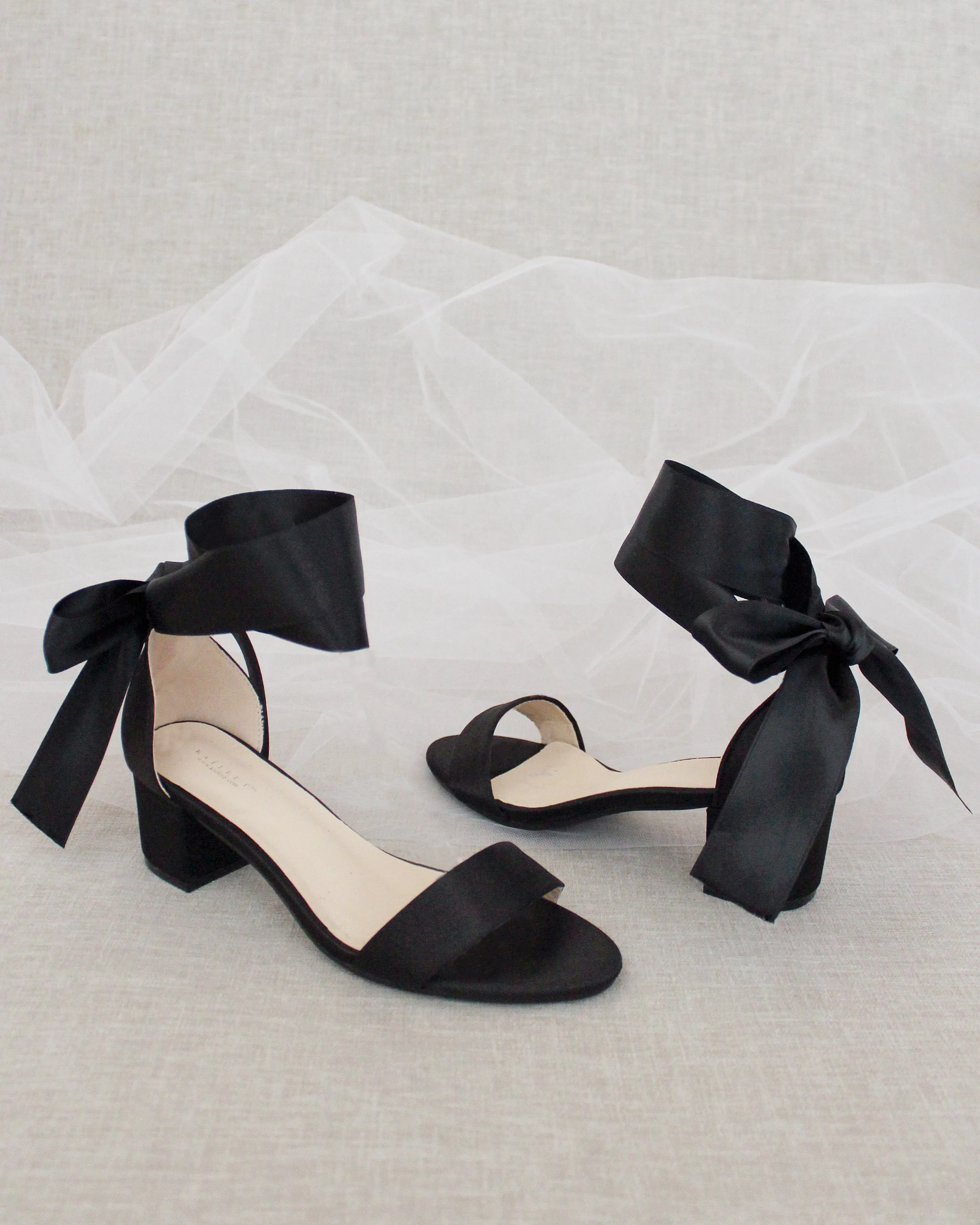 Satin Block Heel Sandal with Wrapped Ribbon Tie
