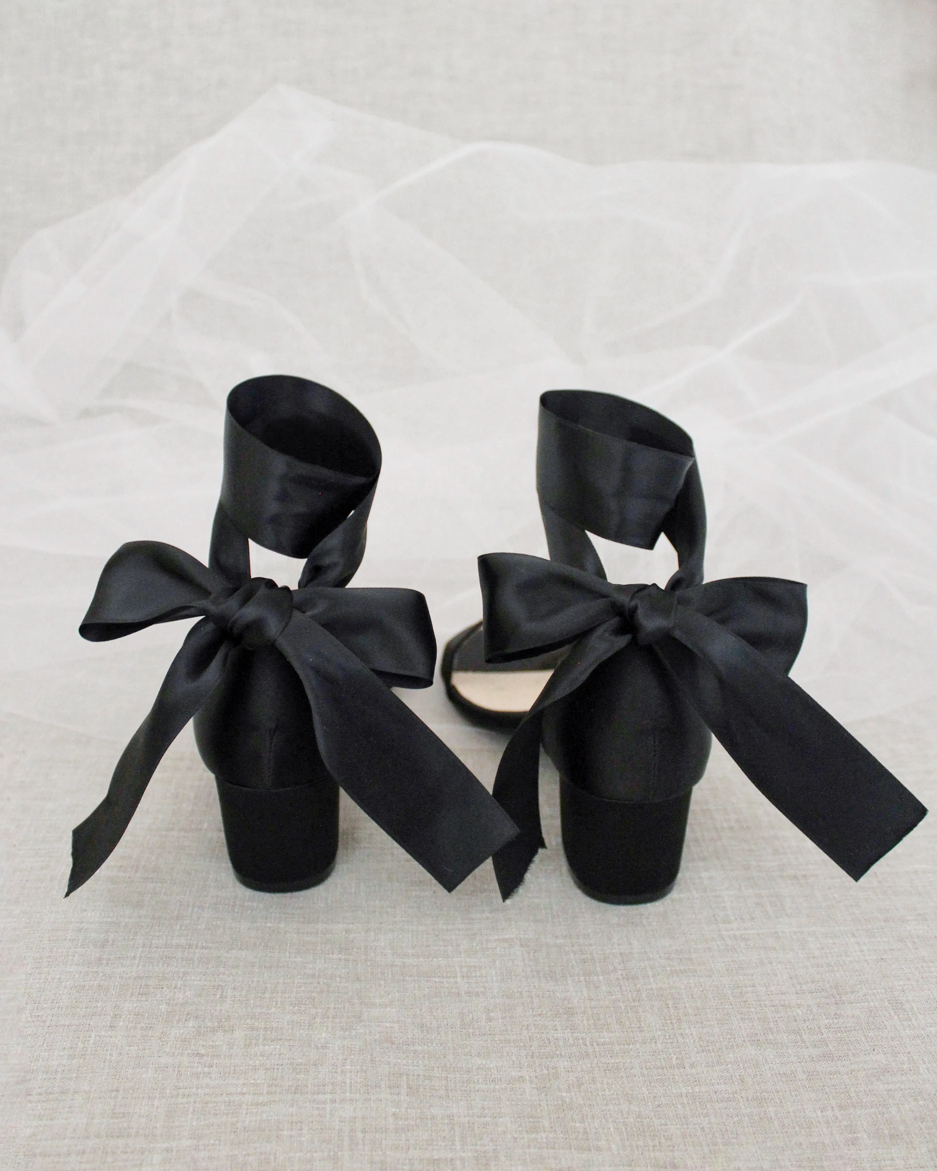 Satin Block Heel Sandal with Wrapped Ribbon Tie