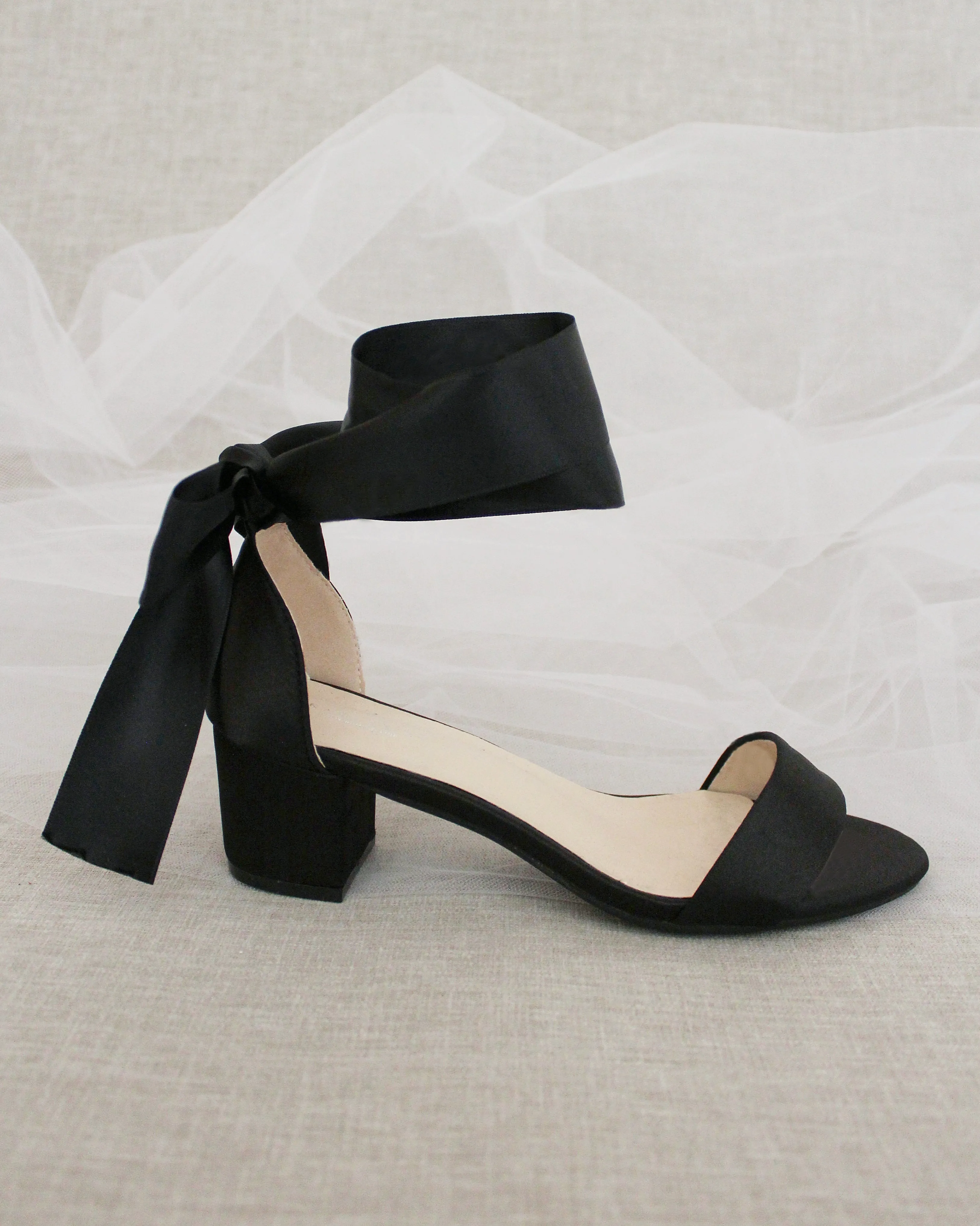 Satin Block Heel Sandal with Wrapped Ribbon Tie