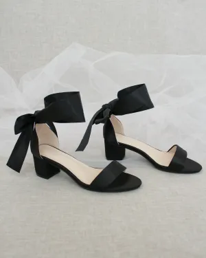 Satin Block Heel Sandal with Wrapped Ribbon Tie