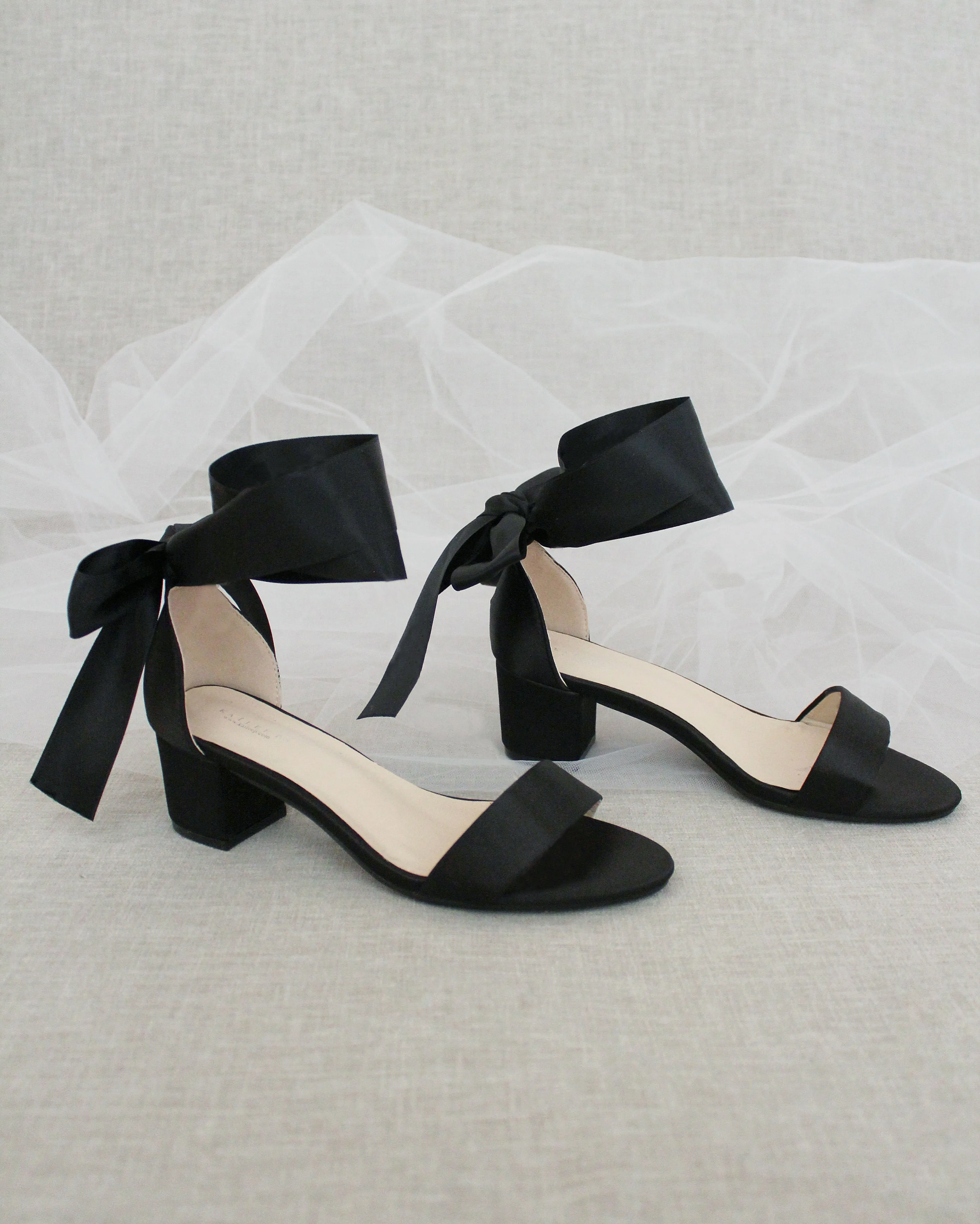 Satin Block Heel Sandal with Wrapped Ribbon Tie