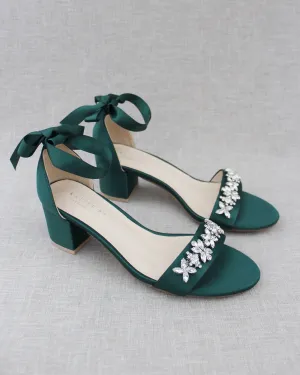 Satin Block Heel Sandals with Floral Rhinestones