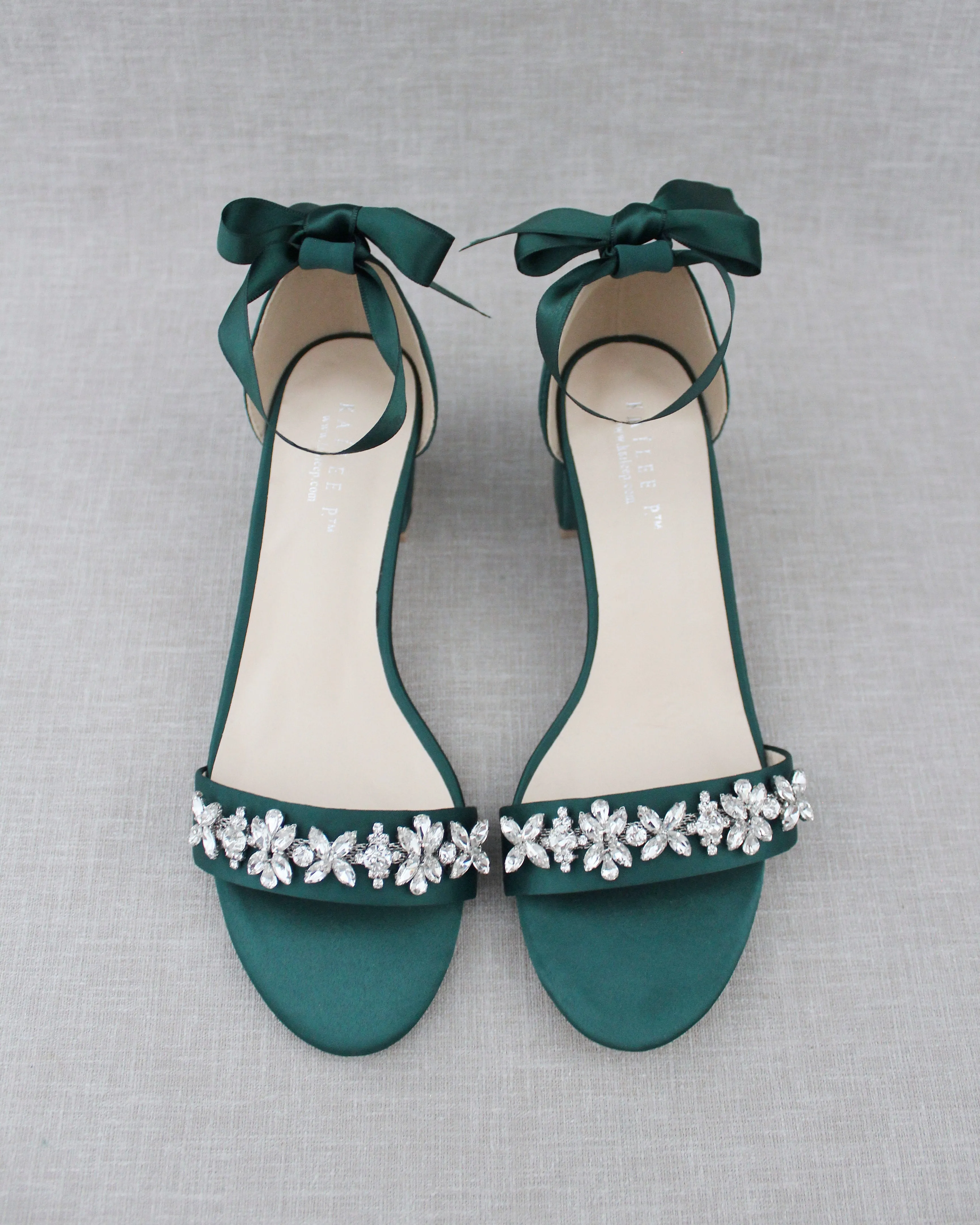 Satin Block Heel Sandals with Floral Rhinestones