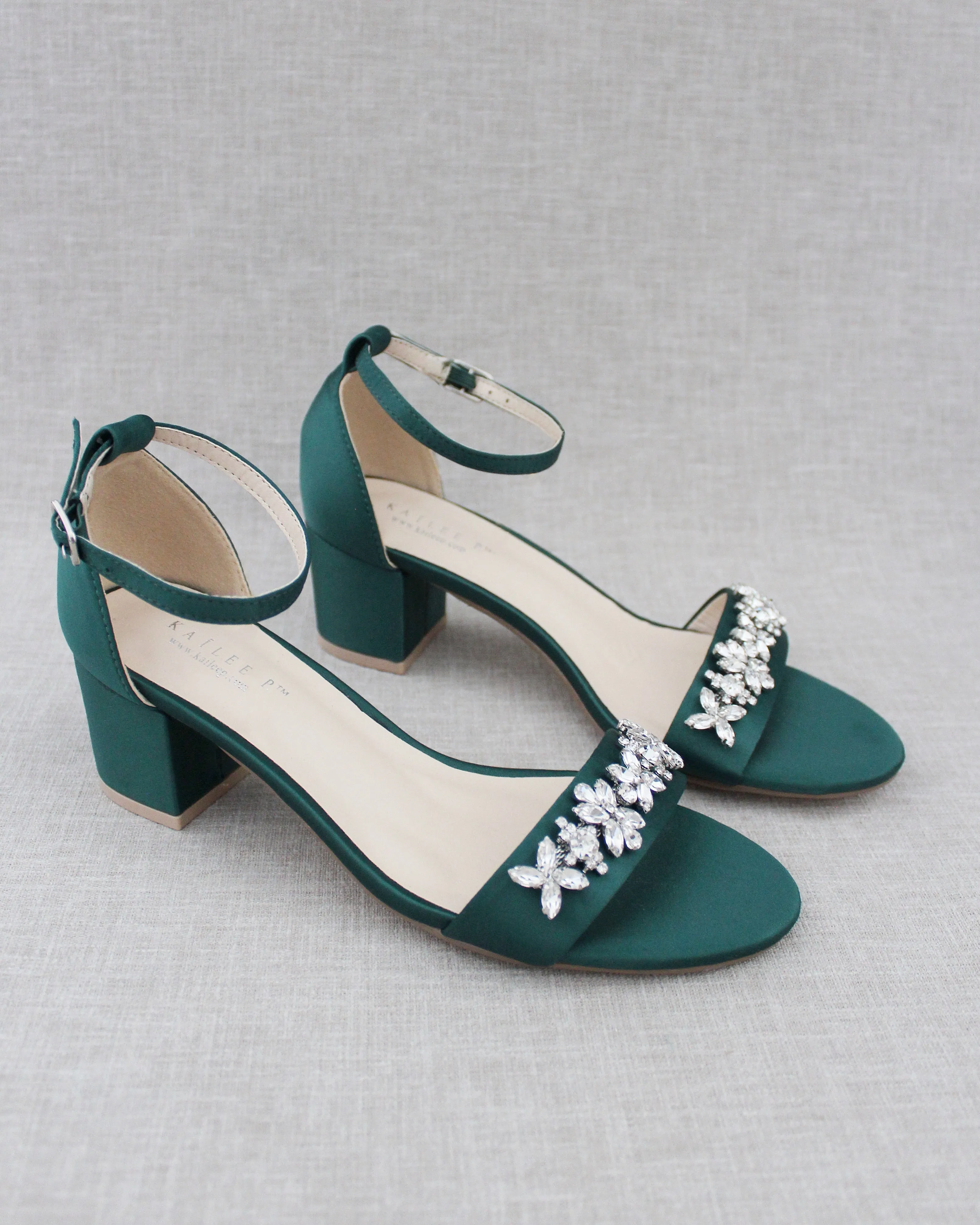 Satin Block Heel Sandals with Floral Rhinestones