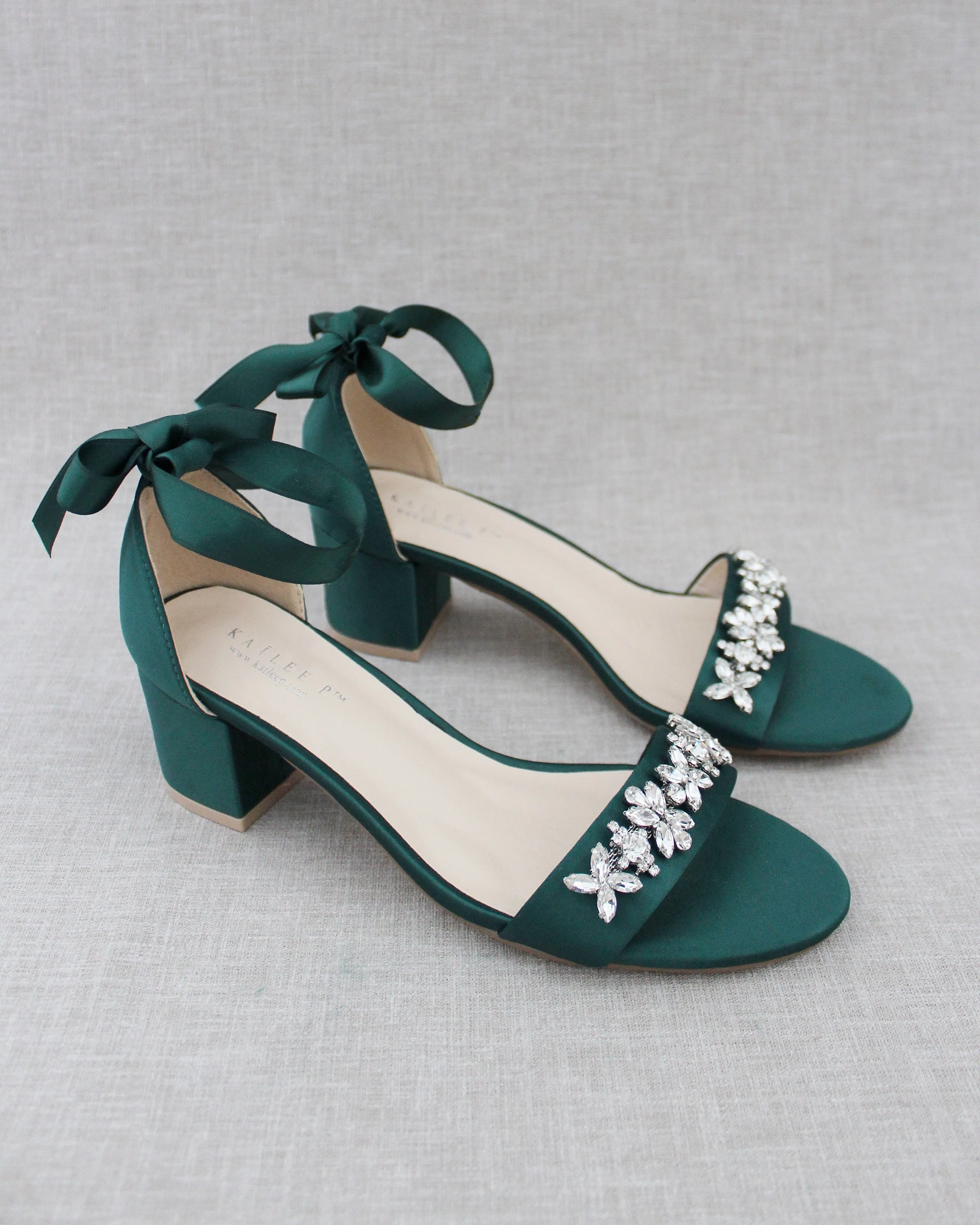 Satin Block Heel Sandals with Floral Rhinestones