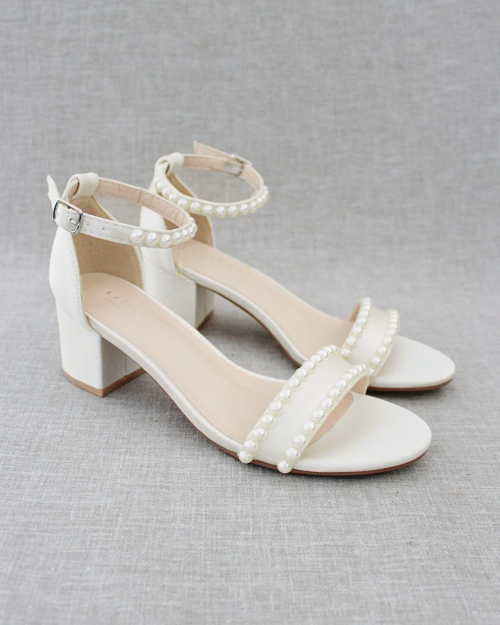 Satin Block Heel Sandals with Pearls