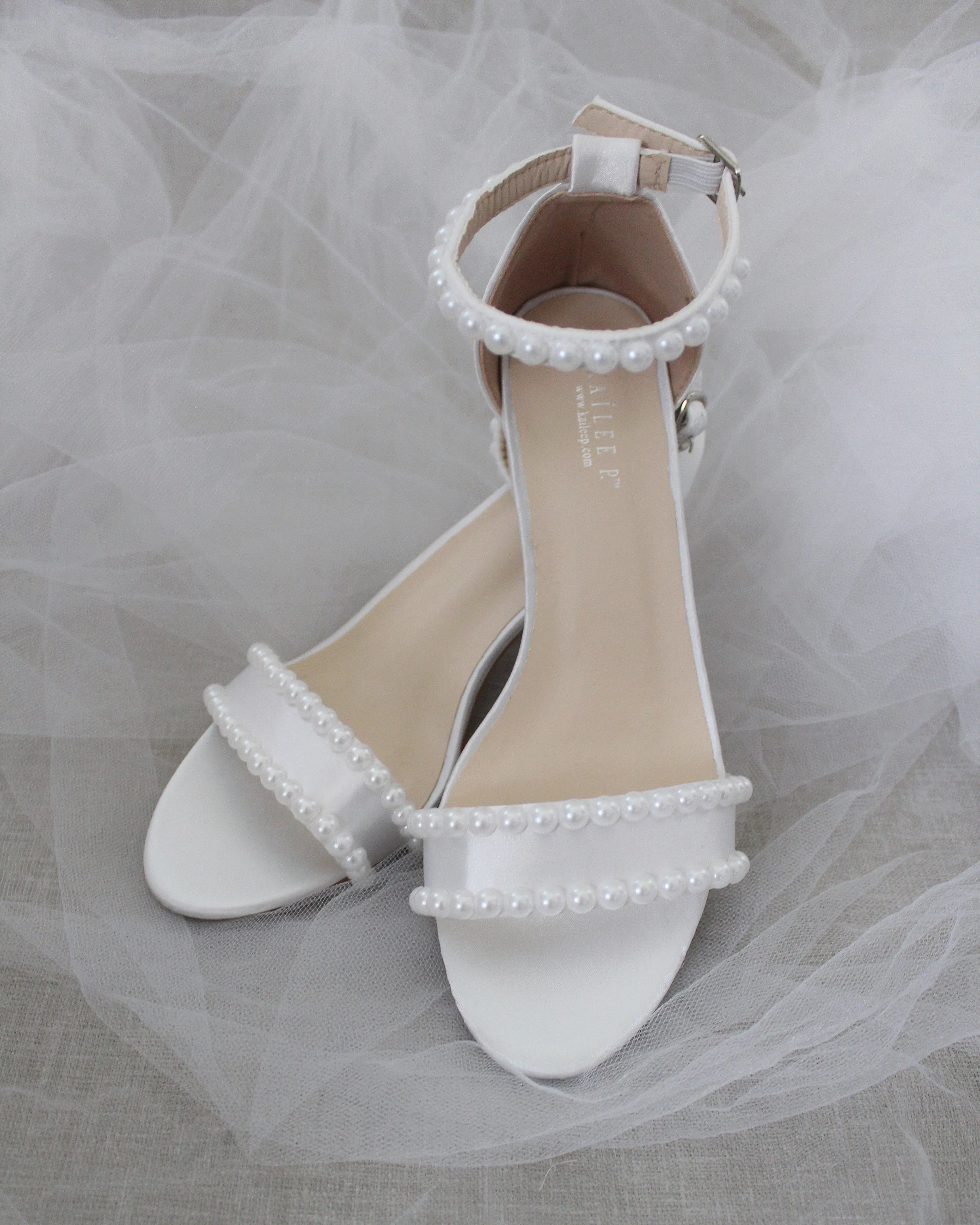 Satin Block Heel Sandals with Pearls