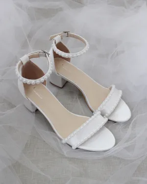 Satin Block Heel Sandals with Pearls