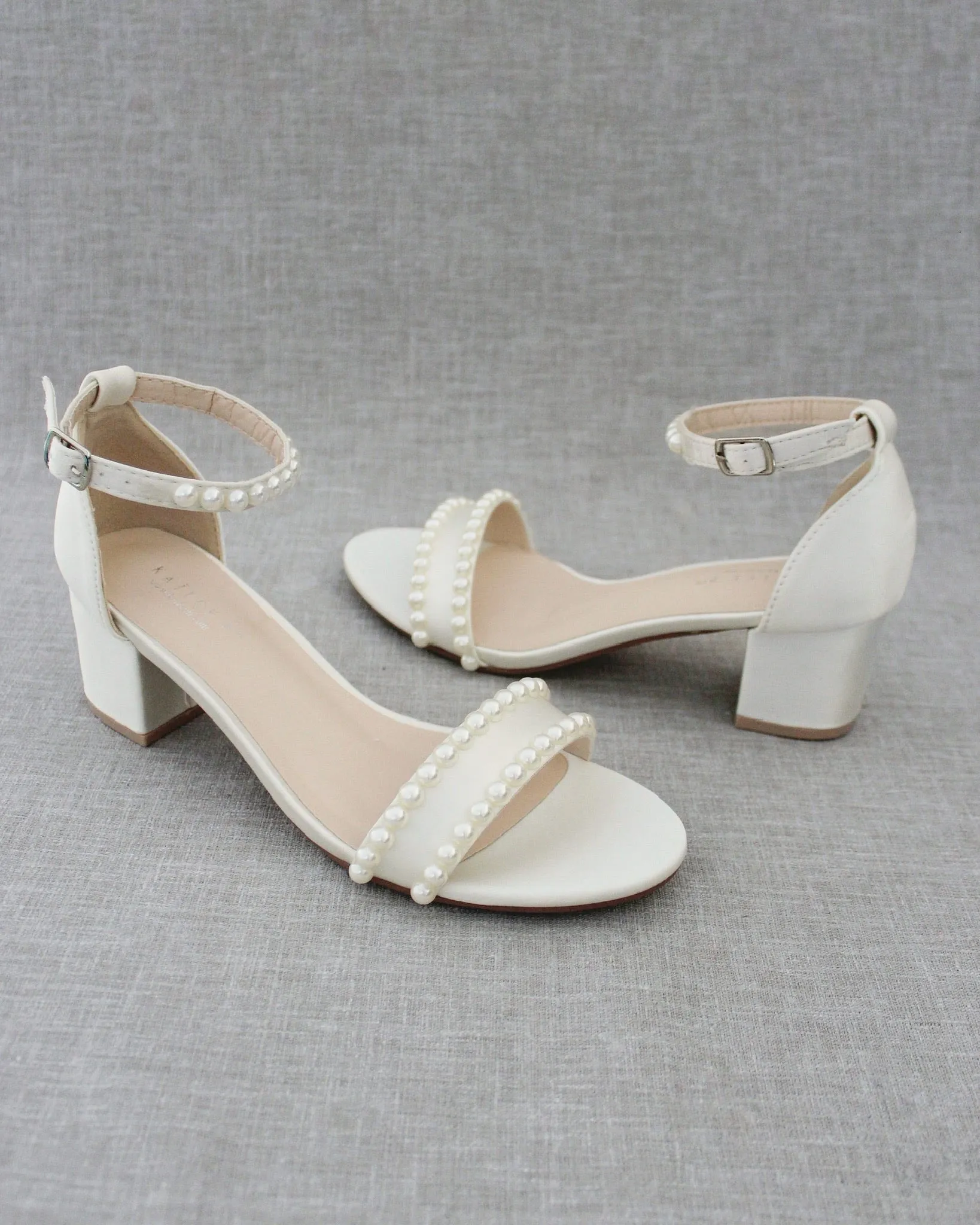 Satin Block Heel Sandals with Pearls