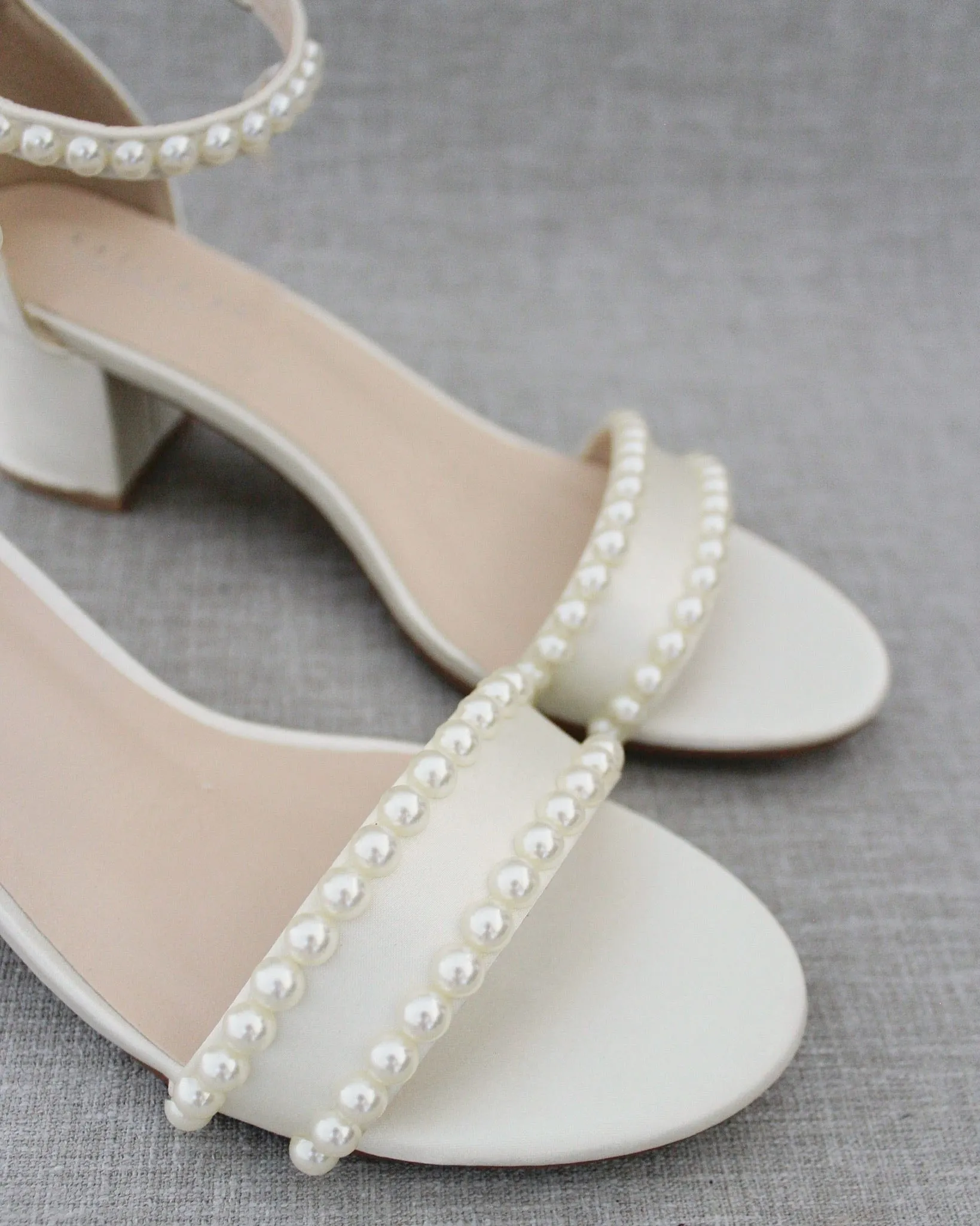 Satin Block Heel Sandals with Pearls