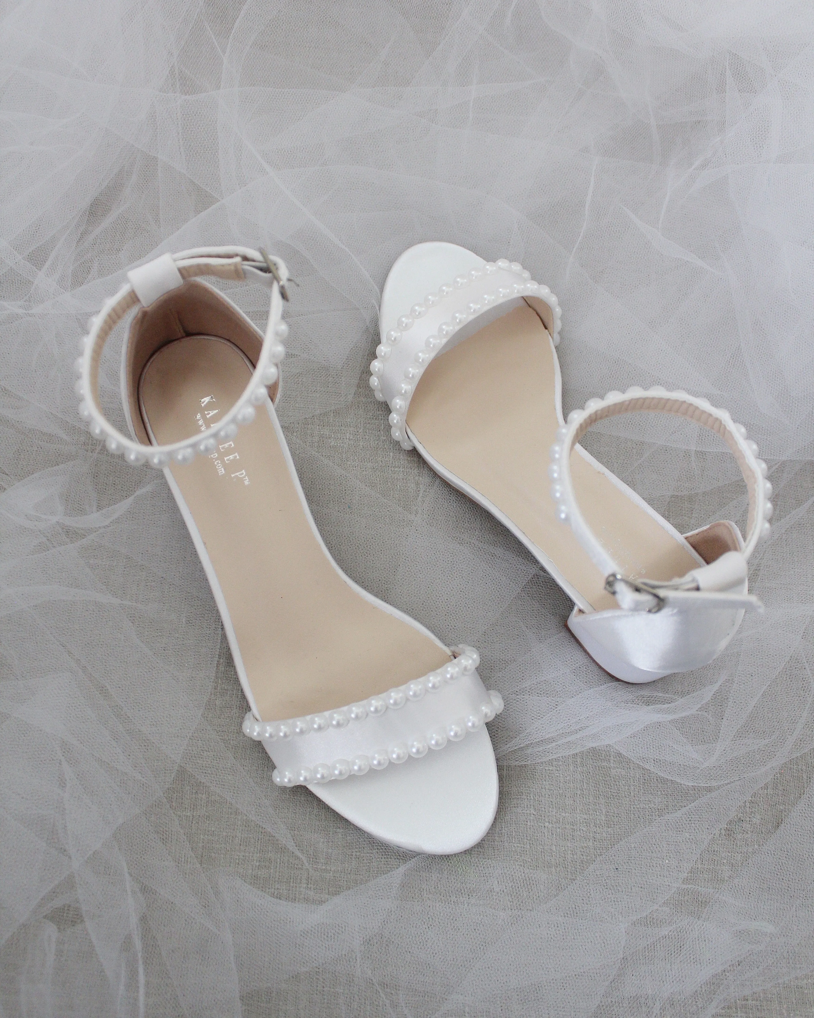 Satin Block Heel Sandals with Pearls
